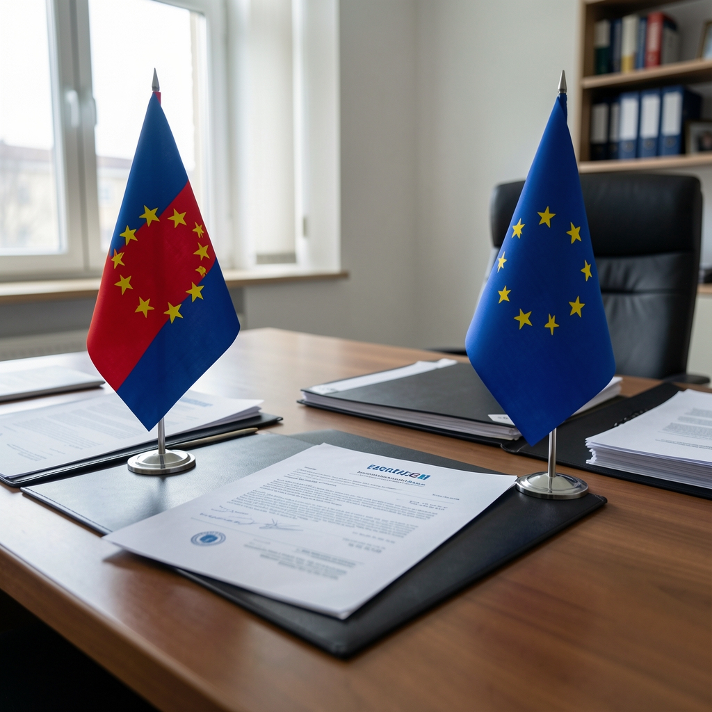 Pregled Europske unije zastave i financijskog dokumenta, stol s dokumentima iz Europske komisije, službeni uredski ambijent
