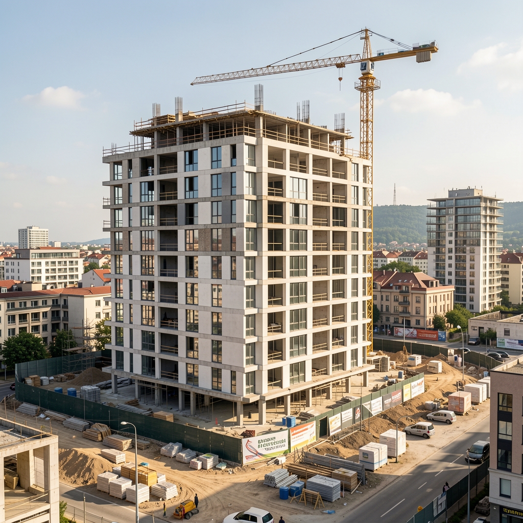 Moderna stambena zgrada u izgradnji okružena gradom, kran u pozadini, tržište nekretnina u razvoju, urbani ambijent