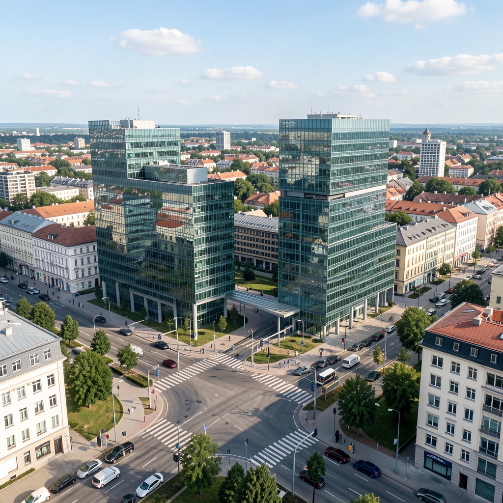 Pogled iz zraka na poslovnu četvrt Zagreba s modernim staklenim uredskim zgradama i prometnim čvorištem, vedro jutro