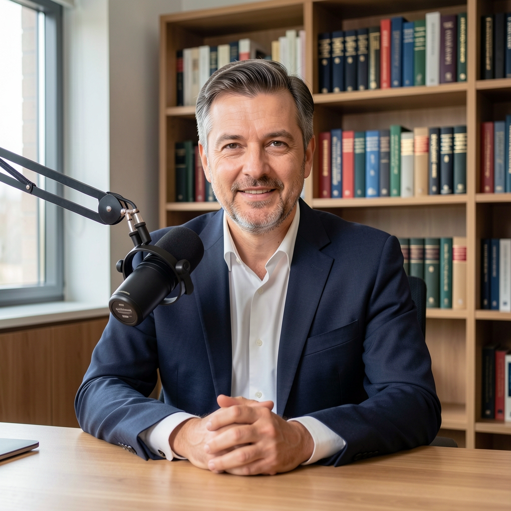 Ozbiljni ekonomski stručnjak sjedi u modernom studiju s mikrofonom pred sobom, knjižnica s ekonomskom literaturom u pozadini, profesionalni podcast snimak
