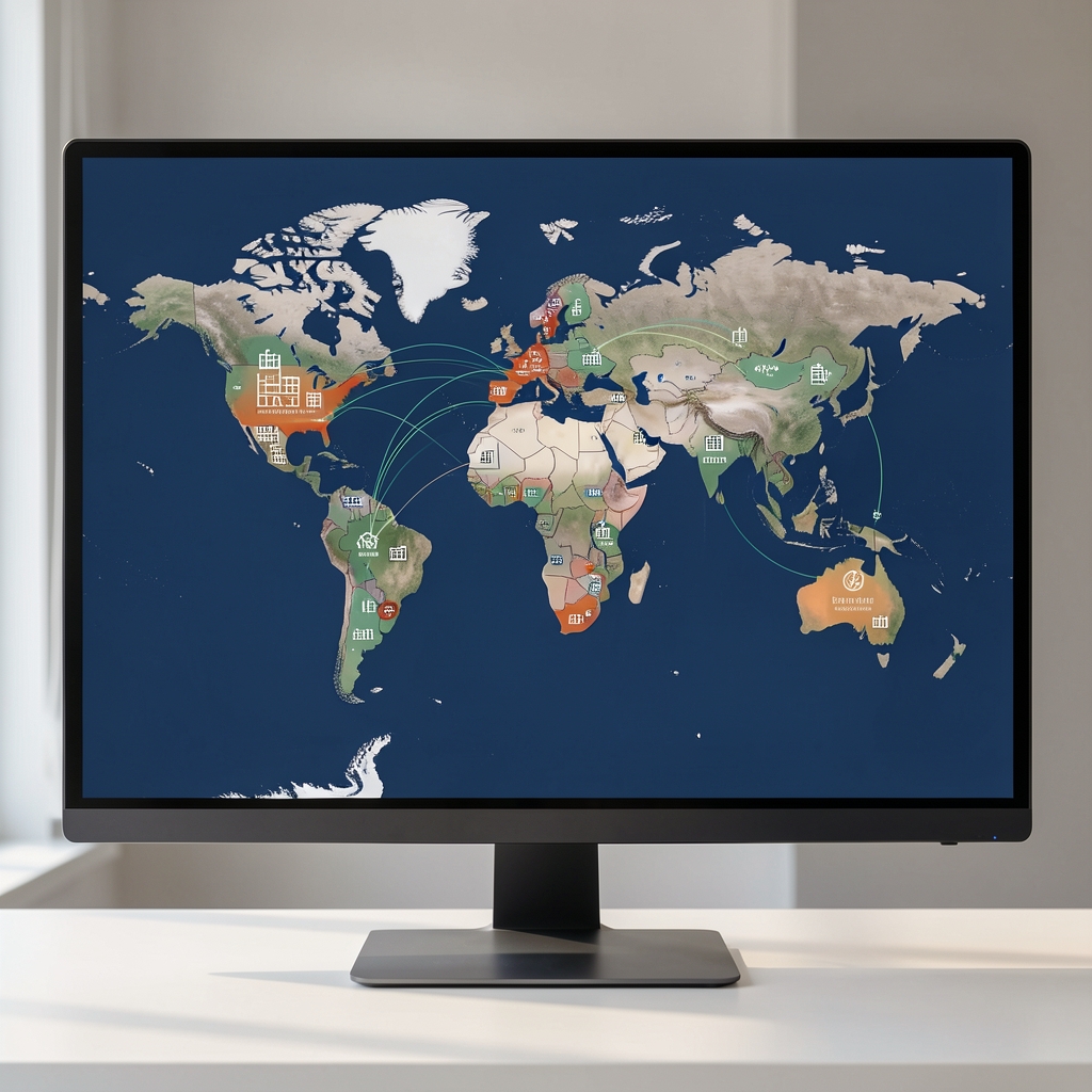 Grafikoni globalne ekonomije na velikom monitoru, karta svijeta s ekonomskim pokazateljima i vezama između regija, analitički prikaz