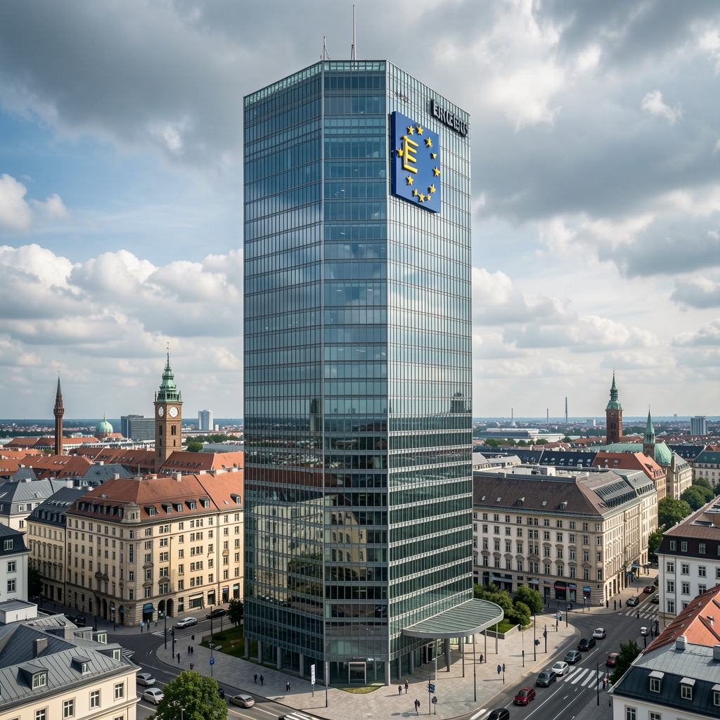 Zgrada Europske centralne banke u Frankfurtu, moderni stakleni toranj s logom ECB-a, vedro nebo, financijsko središte Europe