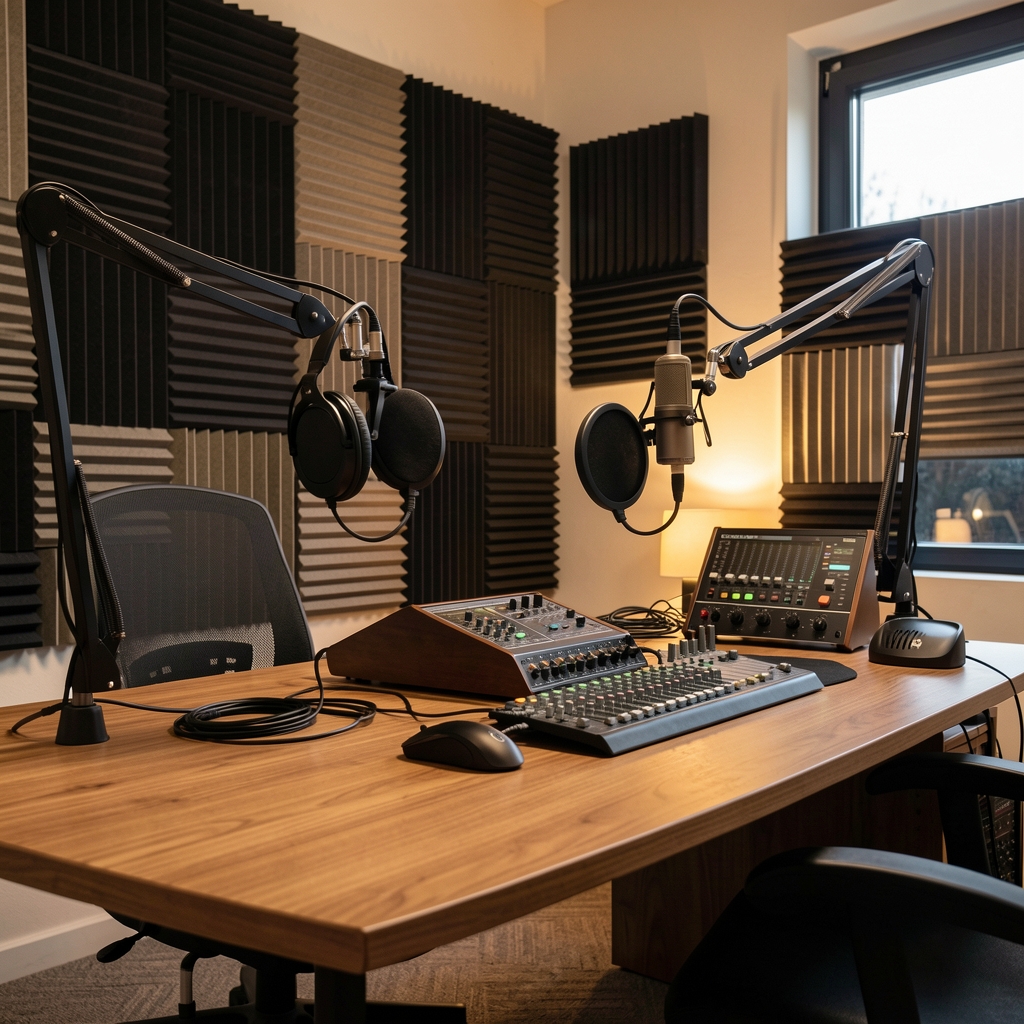 Profesionalni podcast studio s mikrofonima, akustičkim panelima i modernom opremom za snimanje audiocontenta, toplo osvjetljenje